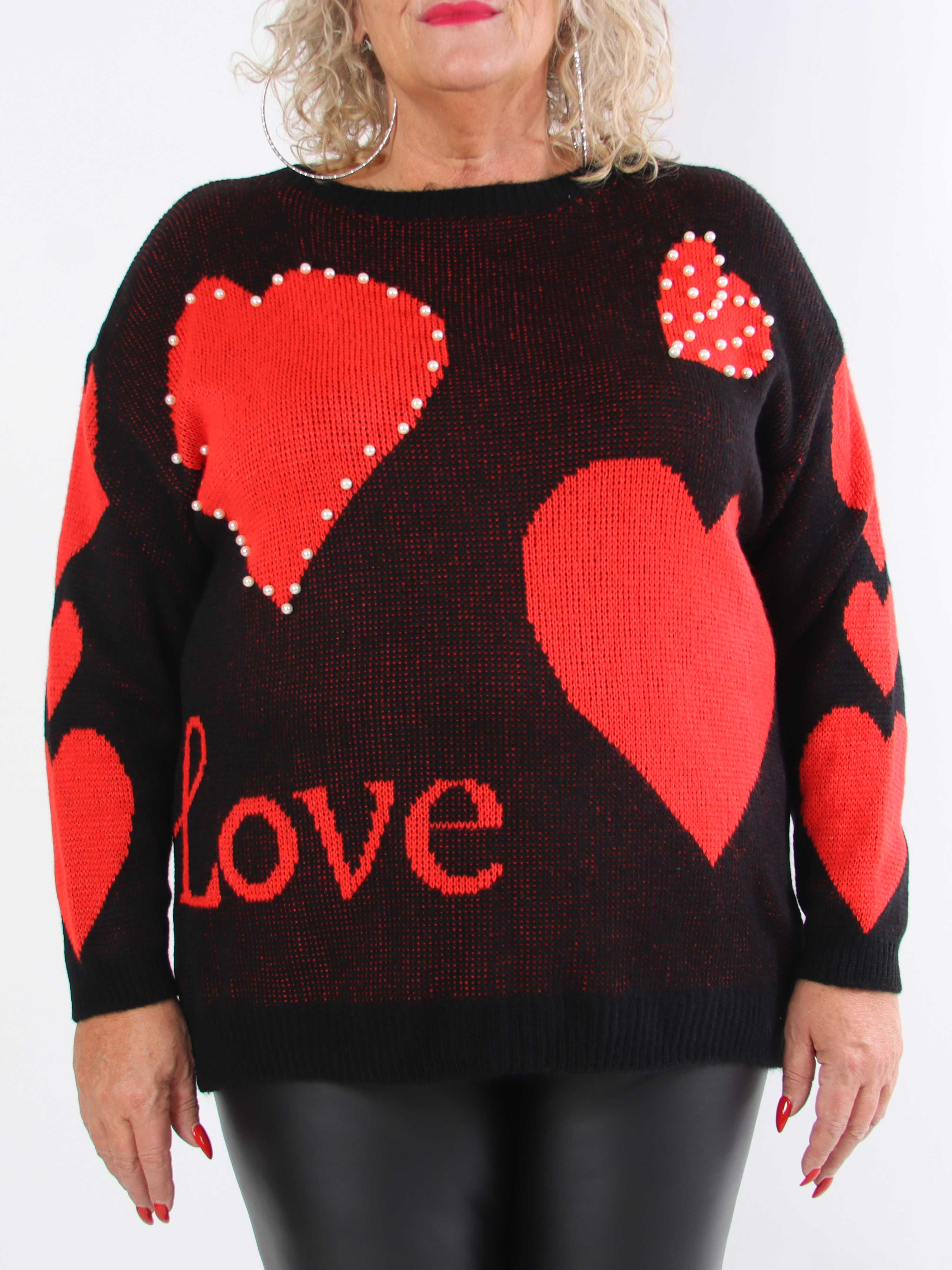 Valeria - Söt stickad tröja i plusstorlek med hjärtan och pärlor